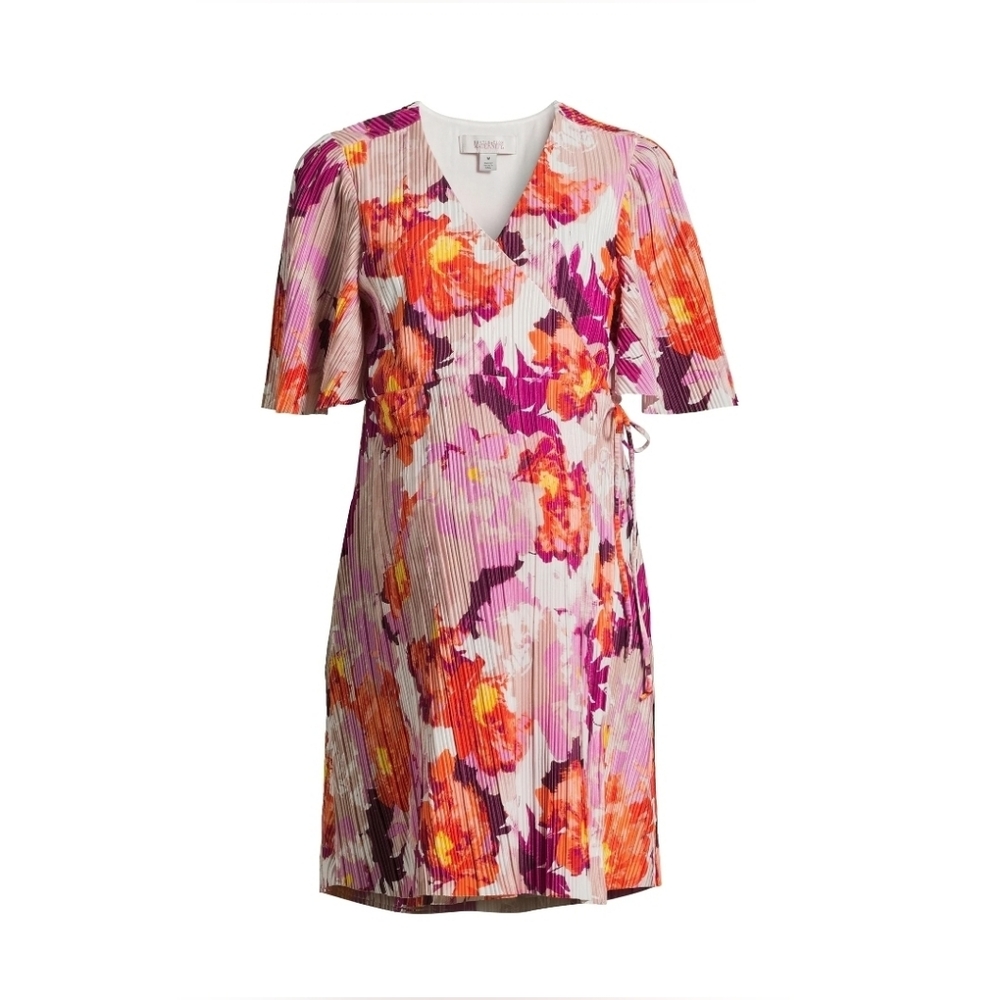 Maternity Wrap Dress Flutter Sleeves Size Small Pink Purple Soft Silky Pleated